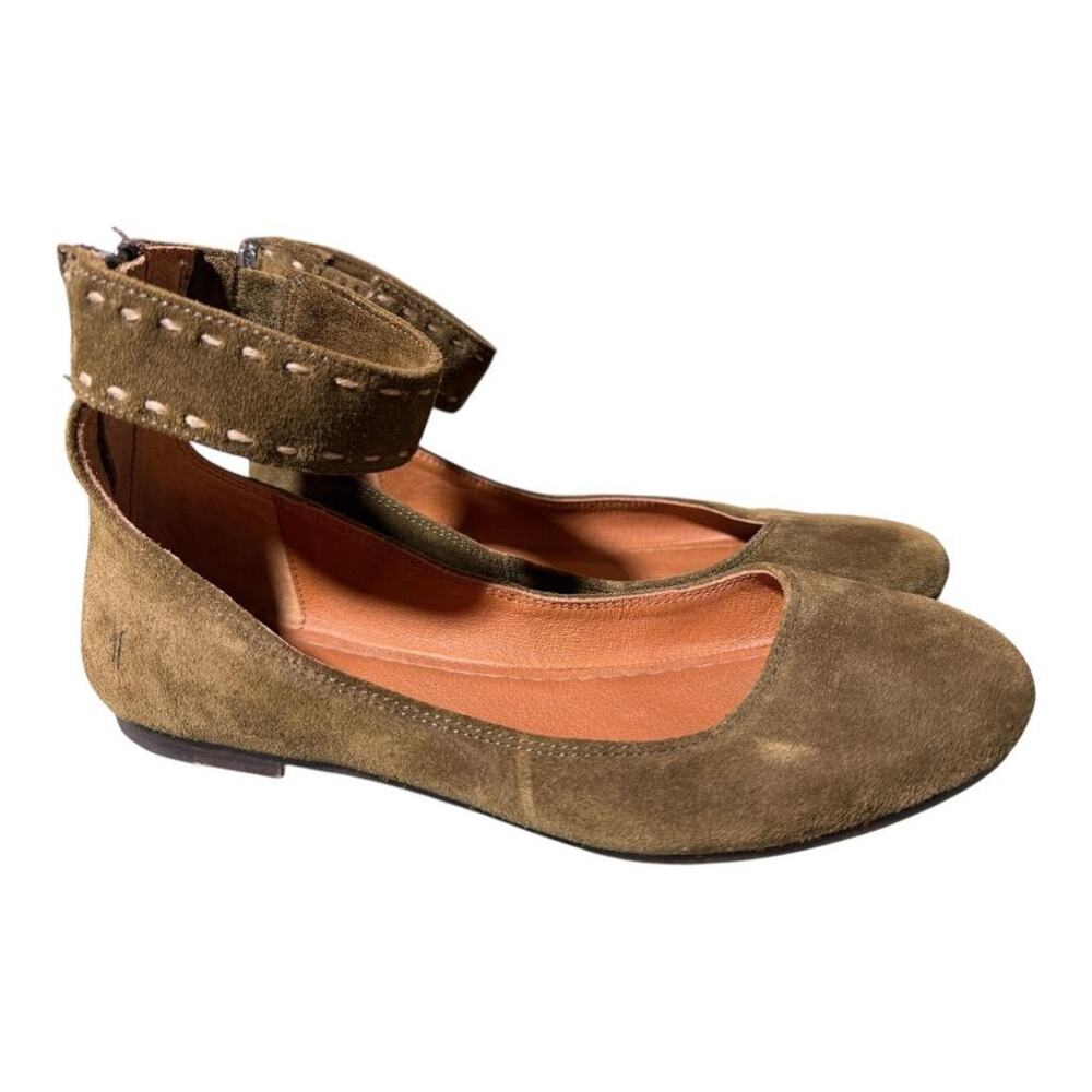 Frye Carson Ankle Strap Ballet Flat Green Suede Women size 8